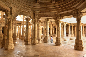 Interior view of famous Jain temple (Adinatha temple) in Ranakpur, Rajasthan, India.