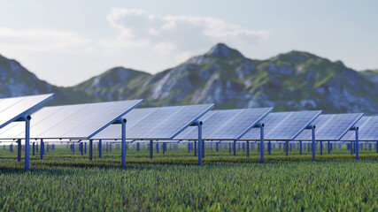 Station solar panels on a beautiful green lawn. For the generation of electricity. 3d rendering