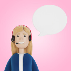 Young woman in headphones with a cloud. Online assistant. Customer and operator concept. Technical support 24-7 for the web page. 3D illustration.