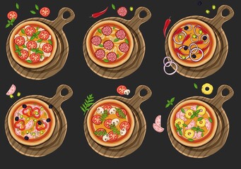 Set of pizzas with various fillings. illustration. High quality illustration