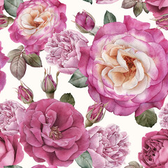 Floral seamless pattern with watercolor roses and peonies - 366977043