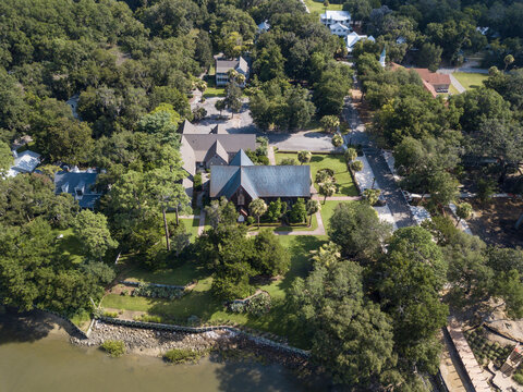 Aerial view of Bluffton, South Carolina including historic houses and Church of the Cross.