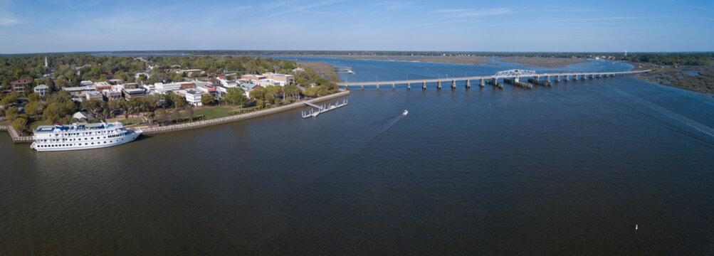 Aerial panoramic view of Beaufort, South Carolina with cruise ship in port.