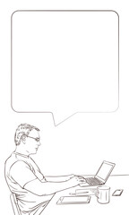 Man using laptop at home while sitting behind desk, typing on notebook keyboard, thinking with speech bubble. Concept of people work mobile devices. Vector sketch, Hand drawn illustration