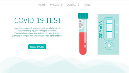 COVID-19 Coronavirus test. Tubes with blood sample. Rapid test. Lab research and diagnosis. Medicine vector concept in flat design. Landing page website template.