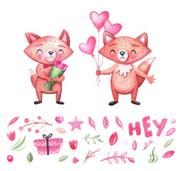 Naklejka premium Set of cute animals. Foxes with balloons, gifts and stars painted with watercolor.