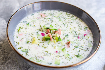 cold soup vegetables greens okroshka food background top view copy space organic eating healthy keto or paleo diet raw 