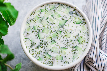 cold soup vegetables greens okroshka food background top view copy space organic eating healthy keto or paleo diet raw 