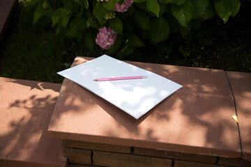 
An open sketchbook and a pencil lie in the park on the parapet under a blooming hydrangea