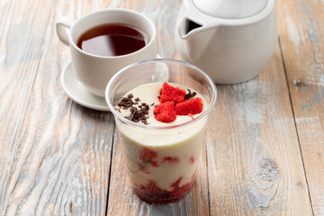 Red velvet in a cup, classic dessert in a plastic cup