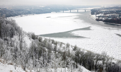 View of the snow-covered Oka River from the city park in Nizhny Novgorod