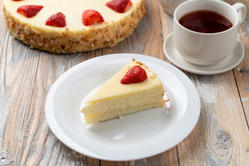 Classic cheesecake New York with strawberry on a white plate, delicious photo