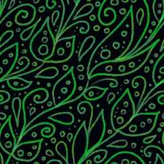 Hand-drawn abstract floral seamless pattern. green outline texture on dark black background consists of leaves, circles, dots, swirls and drops. Wrapping paper, scrapbooking, textile