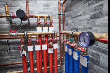 Plumbing service. copper pipeline of a heating system in boiler room