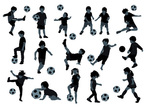 Children Kids Playing Football Soccer Vector Silhouettes Set Ball.