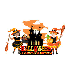 Happy Halloween label and happy kids dressed in Halloween costumes. Fun, pumpkins and sweets. Vector template for poster, banner or invitation card.