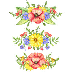 A set of watercolor flowers, wildflowers, poppies, greenery. Compositions for invitations, design, cards.