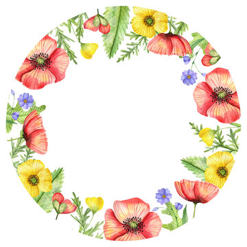 Bright summer wreath frame for wedding invitation, postcard, menu. Watercolor flowers, peonies and wildflowers