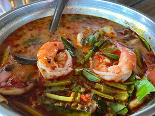 hot spicy and sour soup with shrimp or tom yum kung , traditional food in Thailand