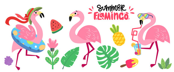 Set of cartoon pink flamingos. Collection of tropical birds. Summer vector illustration with funny animals for children's books, print, fabric, poster, postcard.
