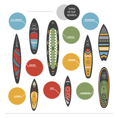 Types of Stand Up Paddle SUP boarding elements. Vector illustration set of different boards types like gun, hybrid, all-round, skimboard, longboard, touring, racing and rescue.