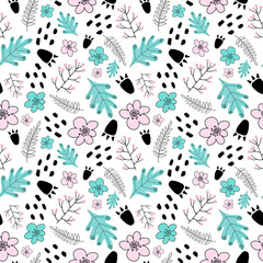 Digital seamless pattern in doodle style with
twigs, flowers, spots and footprints of dinosaurs. Childish background with floral and additional elements