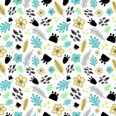 Digital seamless pattern in doodle style with
twigs, flowers, spots and footprints of dinosaurs. Childish background with floral and additional elements