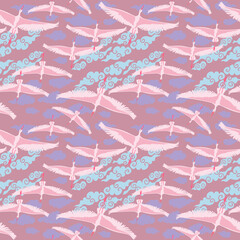 Stork and clouds seamless pattern. Creative hand drawn background. Trandy graphic design for baners, greeting cards, cover, invitations and print.