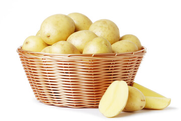 Golden Potatoes in a basket isolated on a white background.