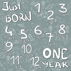 Badges from 1 to 12 months. Vector illustration on a gray background. Seamless pattern. Drawn by hand. Doodle style element for scrapbooking, banners, holiday decorations, cards, etc. First birthday.