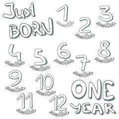 Obraz premium Badges from 1 to 12 months. Vector illustration on a white background. Drawn by hand. Doodle style element for scrapbooking, banners, holiday decorations, cards, etc. First birthday.