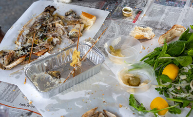 top viewe eaten fish and skeleton background.