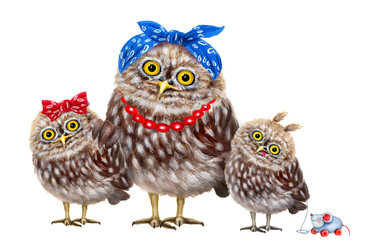 Cute owl family. Hand drawn watercolor - 366985275