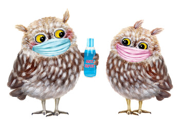 Two funny owls in medical masks. Hand drawn watercolor - 366985296