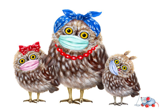 Cute owl family in medical masks. Hand drawn watercolor