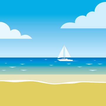 sunny beech, sailing boat on the sea, vector illustration