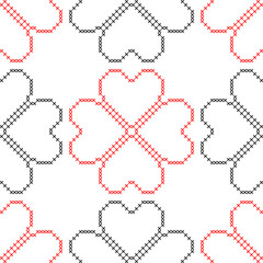 Hearts. Geometric background. Imitation cross stitch. Seamless decorative design for valentine day and wedding cards.