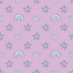 Rainbow and stars seamless pattern. Hand drawn.Creative trandy designe for babies room decoration and clothes. Suitable for greeting card design and invitations and for print.