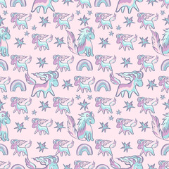 Unicorn  and stars seamless pattern. Hand drawn.Creative trandy designe for babies room decoration and clothes. Suitable for greeting card design and invitations and for print.