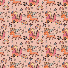 Obraz premium Unicorn and stars seamless pattern. Hand drawn.Creative trandy designe for babies room decoration and clothes. Suitable for greeting card design and invitations and for print.