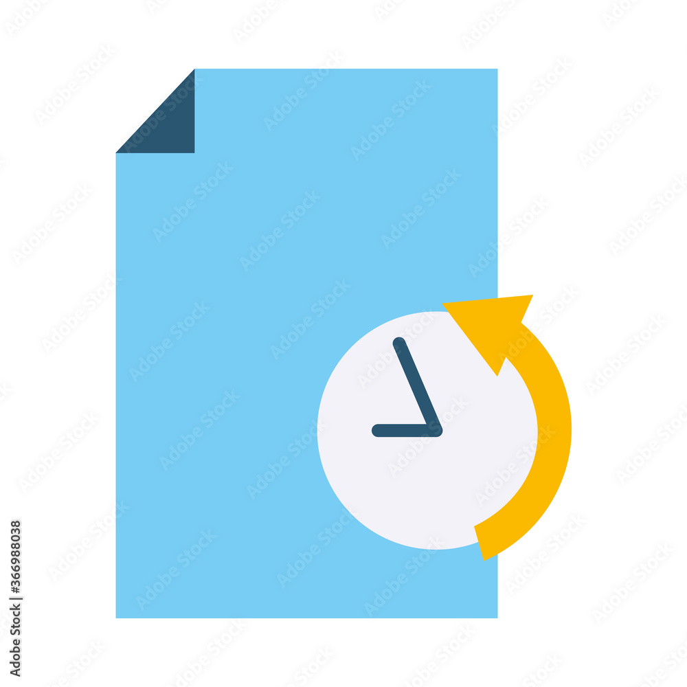 Poster document page and clock with arrow icon, flat style