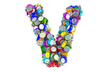 Letter V from colored alarm clocks, 3D rendering