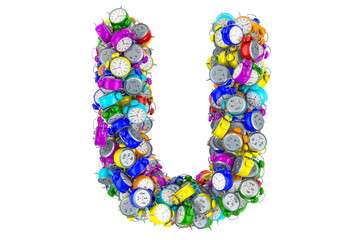 Letter U from colored alarm clocks, 3D rendering