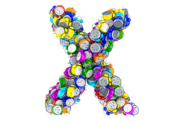 Letter X from colored alarm clocks, 3D rendering