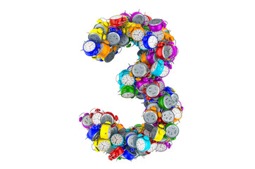 Number 3 from colored alarm clocks, 3D rendering