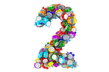 Number 2 from colored alarm clocks, 3D rendering