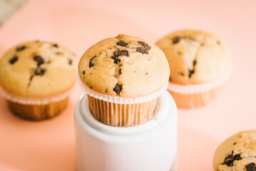 Group of homemade muffins with pieces of chocolate