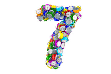 Number 7 from colored alarm clocks, 3D rendering