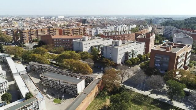 Aerial view of buildings in the city. Drone Footage