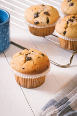 Group of homemade muffins with pieces of chocolate